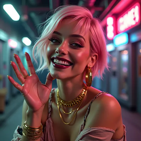 Naked cyberpunk girl, short pink hair with blonde highlights, very smiling model face, Expressive face of joy, big honey colored eyes, large hoop earrings, Gold necklaces and bracelets, dark painted lips, posing for a cyborg painter