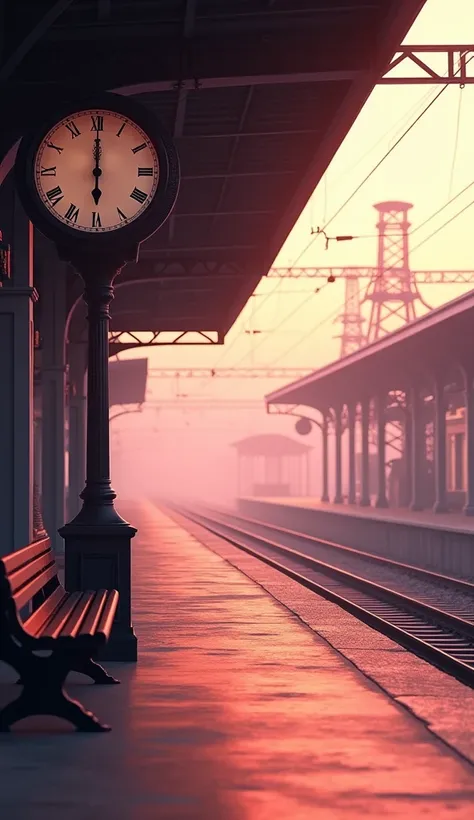 An empty train station bathed in pink light, with a vintage clock, empty benches, and the soft hum of the early morning waiting for the first train to arrive.