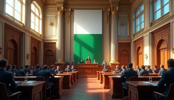 Create a picture of the middle of the parliament of the Siberian Republic, The flag of the Siberian Republic consists of two colors: white and green