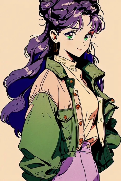 a beautiful woman with long purple hair in a bun, wearing a beige jacket and trousers, with striking green eyes, a warm and gent...