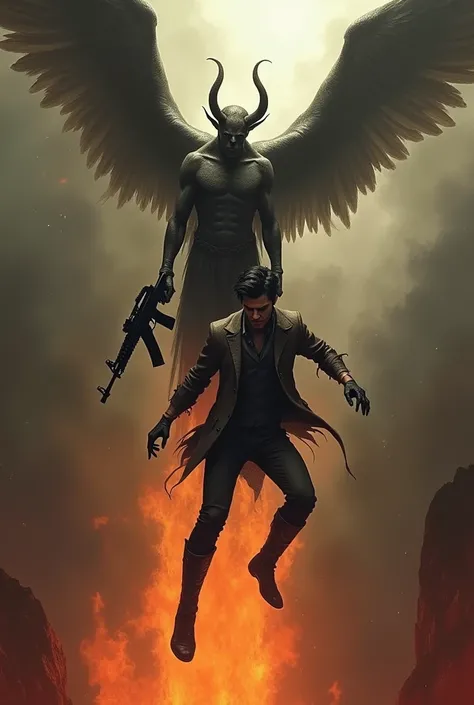 Image of a devil pulling a male angel by the foot and the angel having wings and an AK-47 in his hand and below the devil there is a fire and below it says we will bring you down