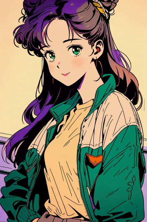 A beautiful woman with long purple hair in a bun, wearing a beige jacket and trousers, green eyes, small breasts, warm smile, teaching in a classroom