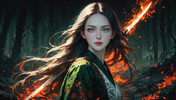 double exposure, Hyperrealistic full shot of a very beautiful woman, Standing in a dark landscape she has big green eyes, very red and full lips, small nose, perfect white skin, very long hair, black and smooth. He has a sword with the blade on fire, unhin...