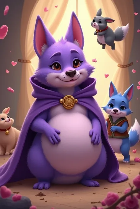 An adorable furry purple dog  (anthropomorphic) lasts: a purple cloak and cape Form: A chubby belly like pregnancy (She ate a lot)
model:2D Other character: adorable chubby furry blue coyote(her son)
Name of the female dog: Rose Name coyote(window): Sed Tr...