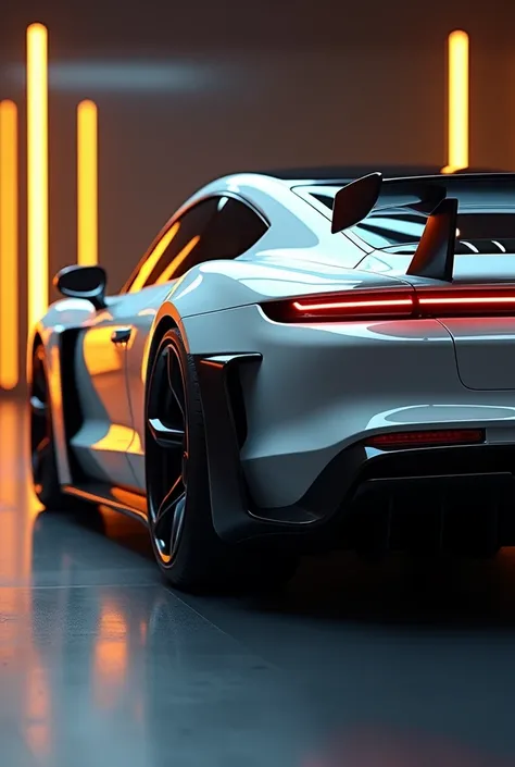 The image shows a Porsche Taycan Turbo S sports car，Color: black and white。Aerodynamic body design，The large rear wing and side air intakes underline its performance-oriented character。Streamlined body with low-profile tires，More sporty aesthetic。Backgroun...