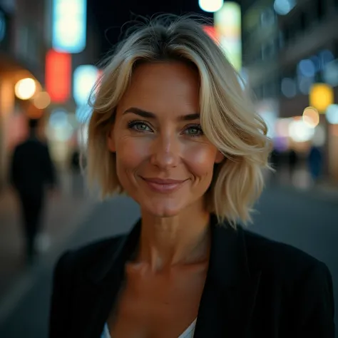 A captivating Caucasian woman with a radiant complexion and natural smile. blonde, 40, her short cropped hair framing her heart-shaped face as she looks directly at the camera, her symmetrical eyes sparkling with warmth. 

in the street, at the foot of a b...