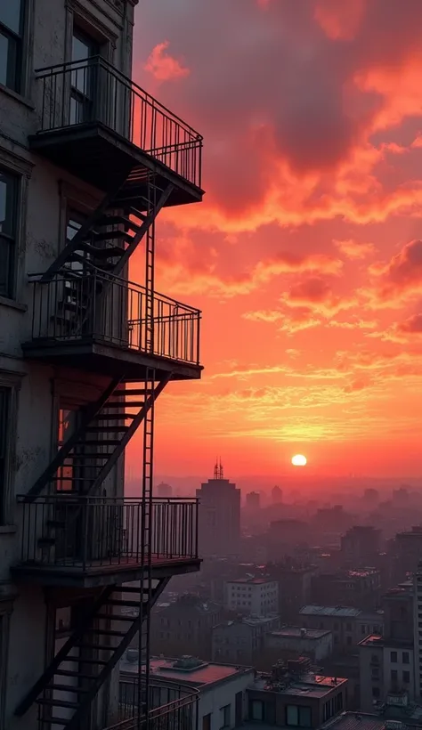 A fire escape staircase on the side of an old building, with a red sky and city rooftops below, creating a gritty, urban feel with a touch of nostalgia.