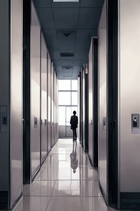 Concept: The scene is set in an empty school hallway, dimly lit, with lockers and classroom doors in the background. In the center, a solitary figure sits or stands, separated from everything around them, as though invisible to their surroundings. The figu...