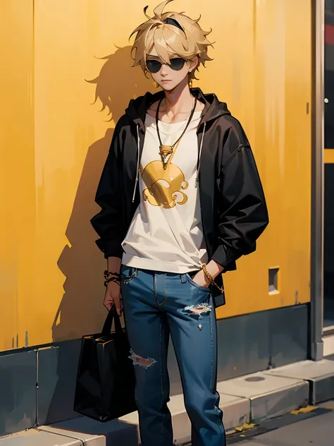 1male , Black Tied Headband , Messy Blonde Hair , Black Aviator Shades ,Multiple Golden Chains Necklaces , Baggy Unzipped Black Hoodie, White Graphic T-Shirt  ,Baggy Jeans , Young Male , Standing on sidewalk , Earring on one ear