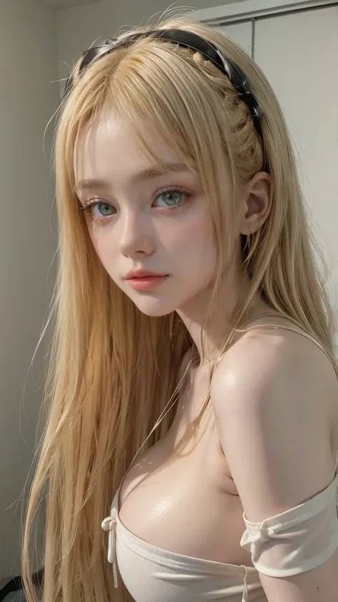 blonde girl, beautiful, Symmetrical baby face, ,,huge breasts ,wearing Asuka Langley&#39;s plug suit from Evangelion, In his bedroom , Long curly and wavy golden blonde hair tied in braids., adorable masterpiece ((honey yellow eyes)) , seductive legs hourg...