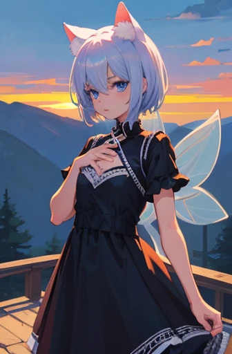 score up_9,score up_8,score up_7,source_furry,rating_safe,masterpiece,best quality,super fine illustration,super detailed,8k,girl,flat chest,20yo,Blue eyes,cute,cat ears,white short hair,Fairy Wings,dress,BREAK fantasy world,beautiful background,