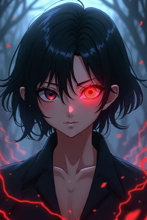 Anime, three tomoe sharingan, shoulder length luxurious black hair, otherwordly handsome, male child