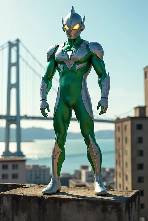 Ultraman, The color of his costume is light green。。Silver Line. he、With Yokohama Bay Bridge in the background、Standing on top of an abandoned building。.