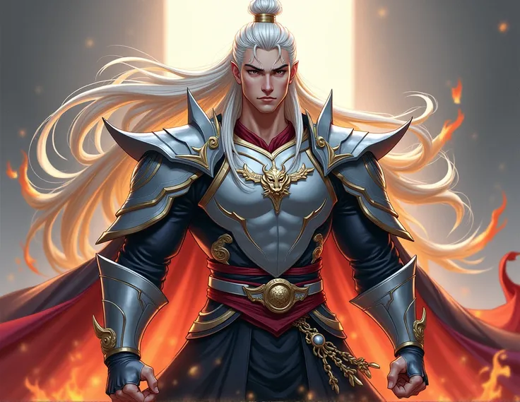 Full body of a man with long white hair, hair combed back, semi dragon, manhwa style, different-looking horns, large red left horn, small gray right horn, [Portrait, standing: 2,2, ((Artistic portrait:2,2)) silver breastplate, different-looking shoulder pa...