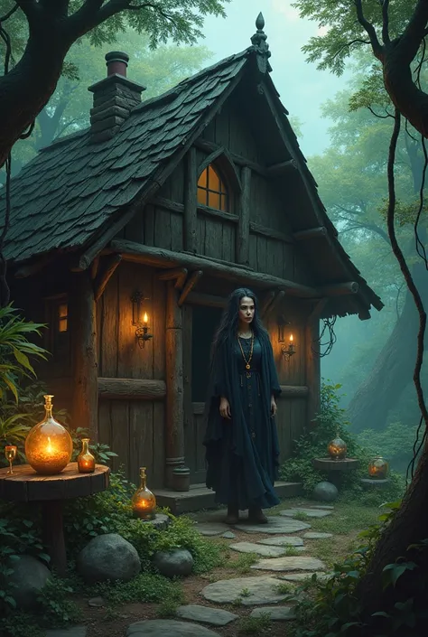 the witch, morgana, was an enigmatic figure who lived in an old hut, surrounded by herbs and potions.