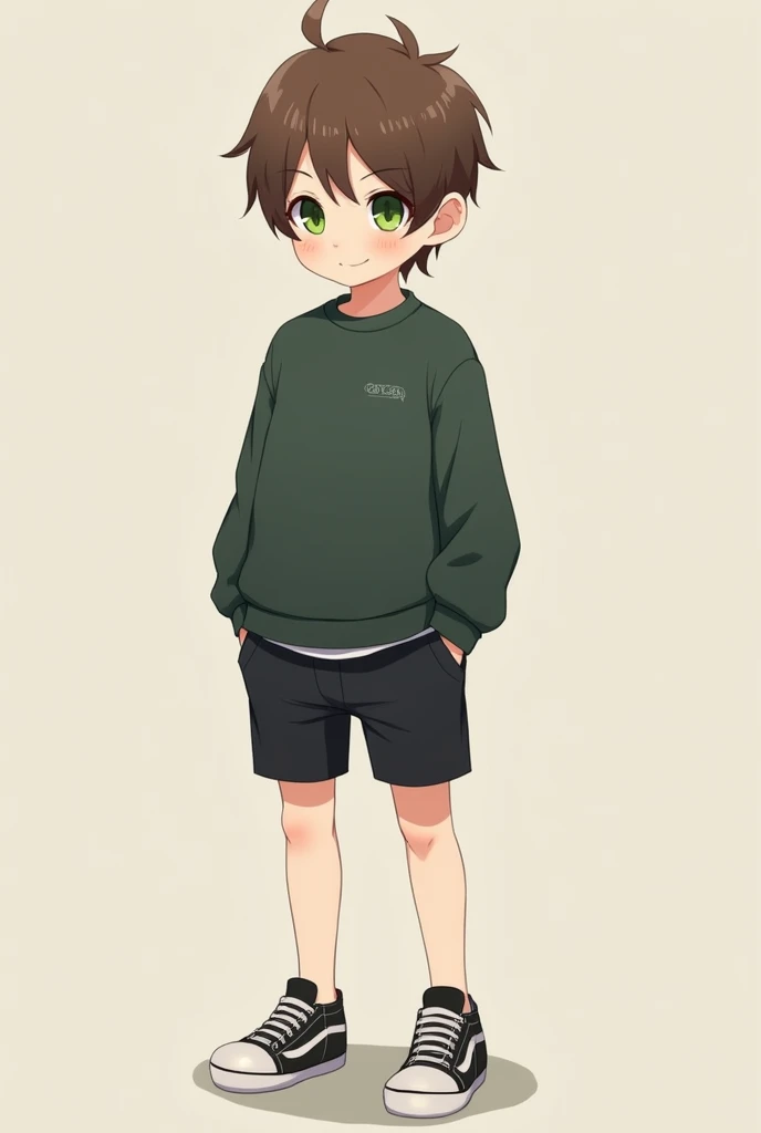 anime boy, short brown hair, green eyes, dark green sweatshirt, black shorts, black sneakers with white soles, tender look
