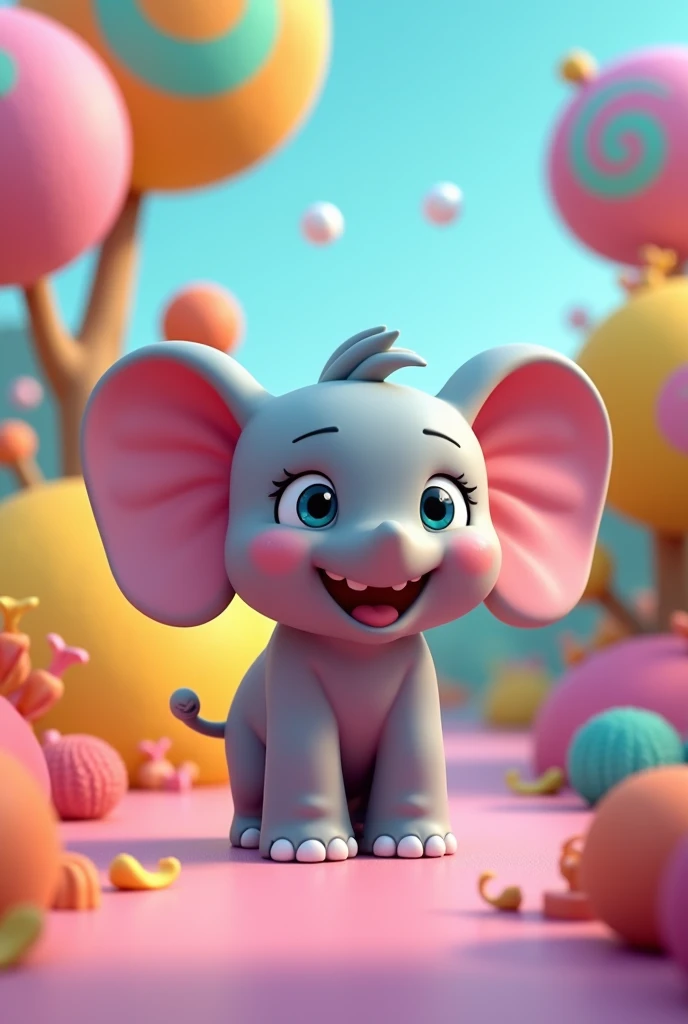 Create a colourful creative 16:9 3D images of a cute little looking elephant happy for kids with the name Little Kylo Stories