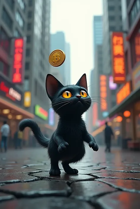 Black small cat catching coin in city