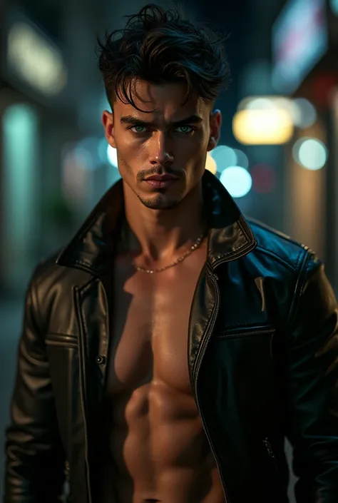 A handsome male model, wearing no shirt, leather jacket, with short hair, tenebrosa, messy and wavy, greeneyes, thick lips, shady look, defined muscles, fully body, ultra higher detailed face, with the background of a street at night