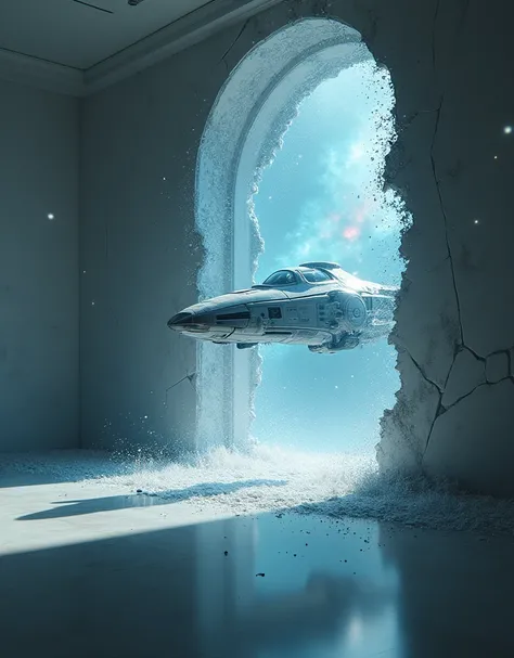 A cinematic, 8K resolution concept art of a futuristic spaceship emerging from a shattered, holographic mirror. The mirror is embedded in a sleek, minimalist room. The spaceship is surrounded by particles of stardust and nebulae, while the rooms reflection...