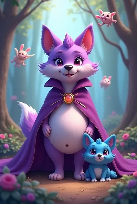 An adorable furry purple dog  (anthropomorphic) lasts: a purple cloak and cape Form: A chubby belly like pregnancy (She ate a lot)
model:2D Other character: adorable chubby furry blue coyote(her son)
Name of the female dog: Rose Name coyote(window): Thirst...