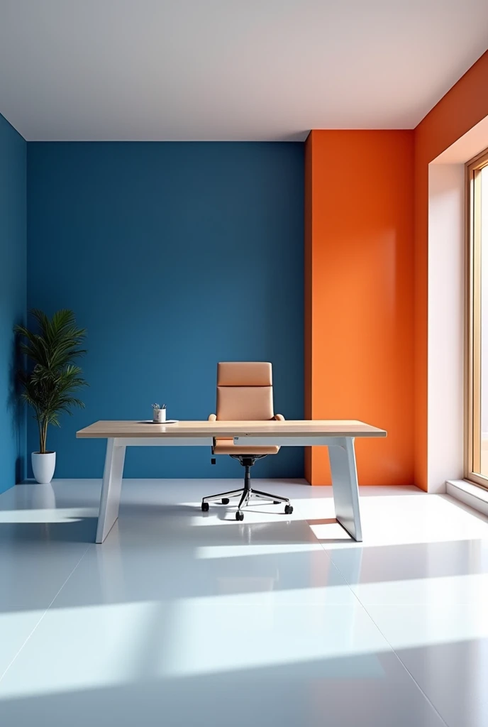 A director&#39;s office with a white floor, blue wall with orange, and an executive desk with its executive chair, 