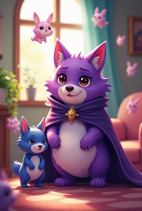 An adorable furry purple dog  (anthropomorphic) lasts: a purple cloak and cape Form: A chubby belly like pregnancy (She ate a lot)
model:2D Other character: adorable chubby furry blue coyote(her son)
Name of the female dog: Rose Name coyote(window): Thirst...