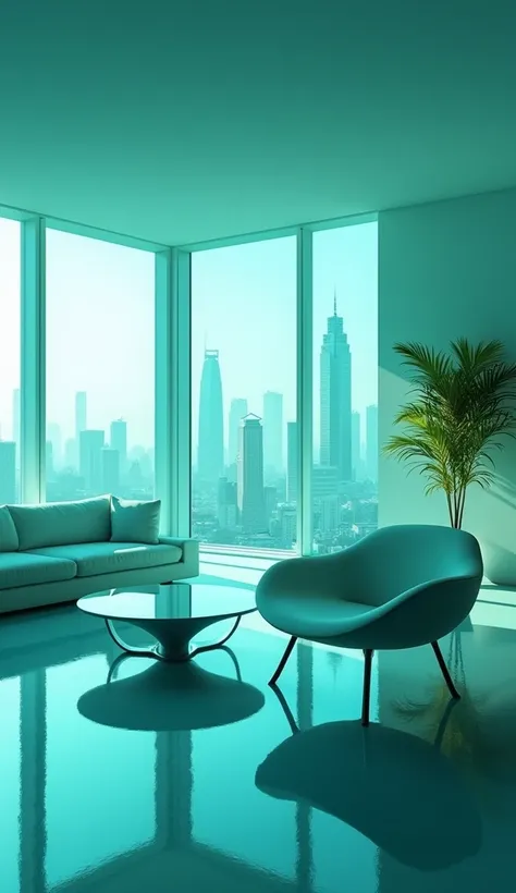 Inside a sleek, modern apartment with teal light filtering through the large windows, soft reflections on glass furniture, and a view of the city skyline.