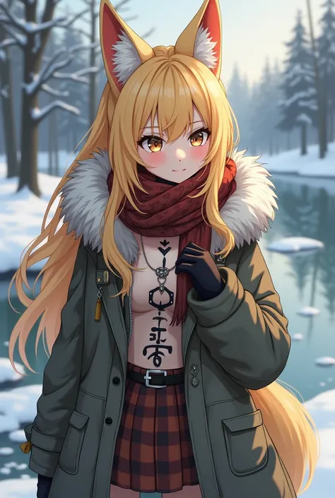 anime female kitsune with blonde hair and black tattoos wearing snow clothes