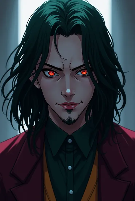 Draw black long hair man with little beard as anime character joker style