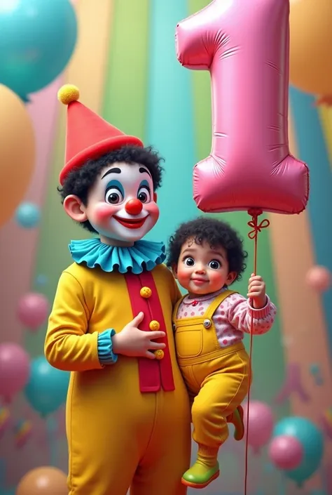 A circus clown, a baby with short black hair wearing overalls, the shorts being yellow, the blouse light pink with a rainbow on the top of the overalls, a hand holding a large balloon with the number 1 in pink and the scenery a rainbow.