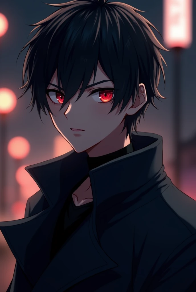 Imagine a  male anime character, with black and disheveled hair, and intense red eyes. Hes wearing a black coat, which adds an air of mystery and sophistication. The scene takes place at night, with a blurred background that makes the focus completely on t...