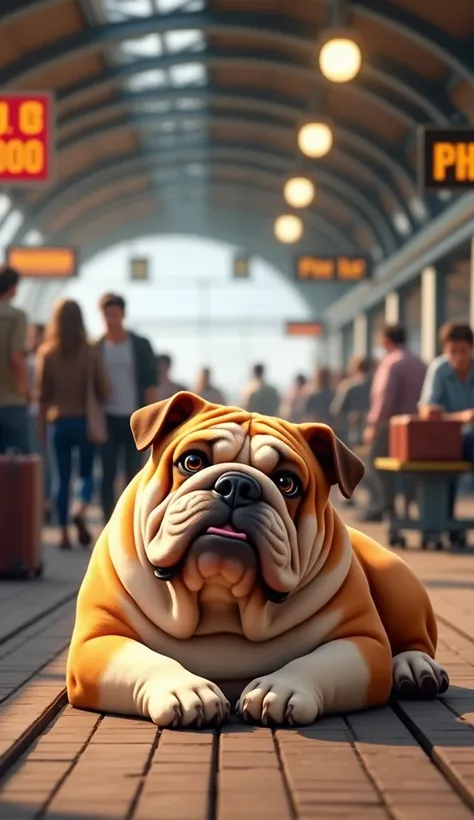 At a train station a Bulldog dog was lying very happy. 