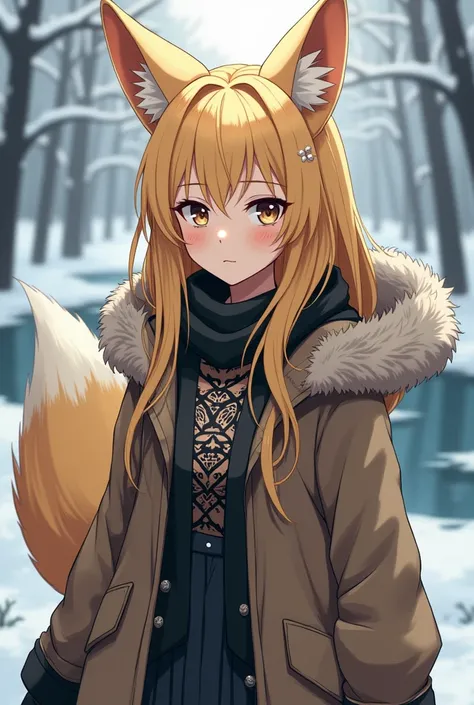 anime female kitsune with blonde hair and black tattoos wearing snow clothes