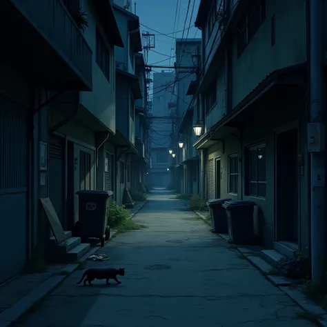 anime style image, movie alley, aura of mystery, poor lighting, uneven lighting, empty alley with trash cans.