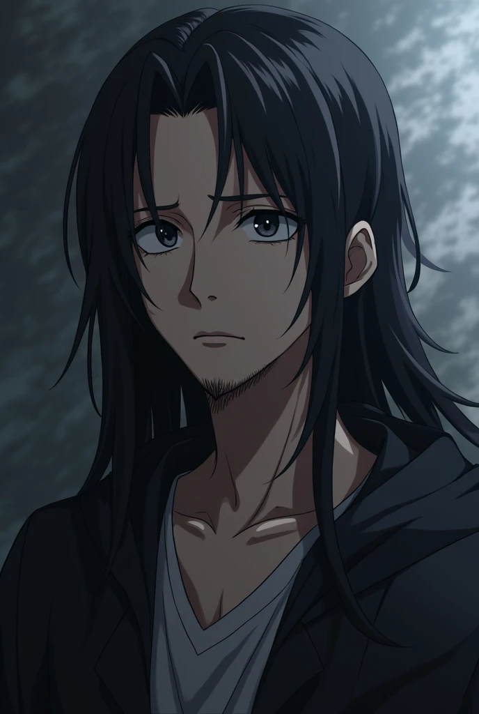 Draw black long hair man with little beard as anime character who someome killed