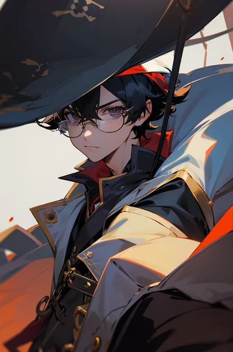 male, pirate background, black hair, labcoat, glasses