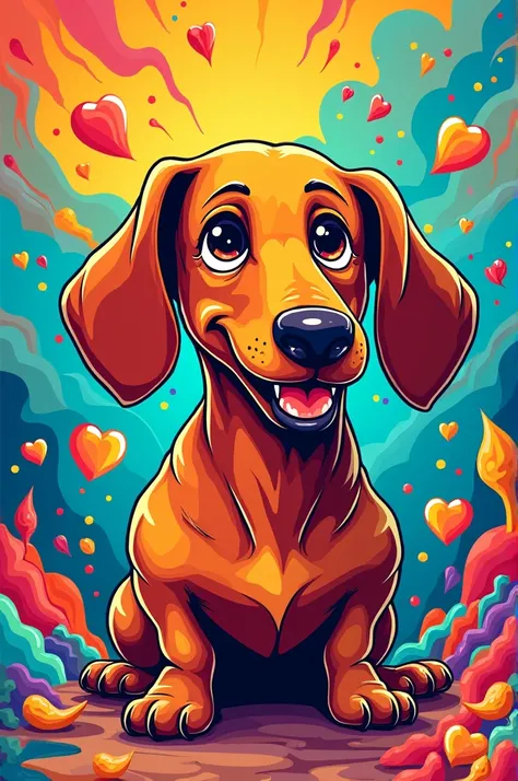 Create a print for a souvenir shirt for the pet-friendly Cantinho do Ceu hotel with a dog that looks like a sausage dog and explosions of color behind it, The print should be fun and eye-catching for guests to buy, the dog&#39;s name is CLAUDIO 