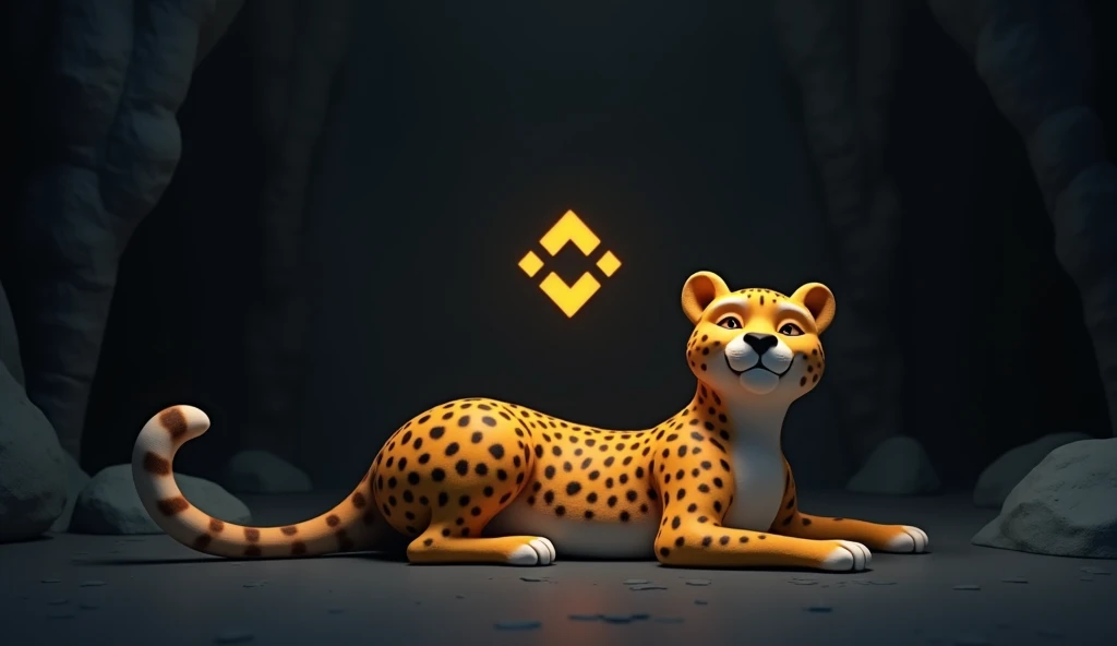 A happy cheetah sitting in a dark space on the 3D name of Binance