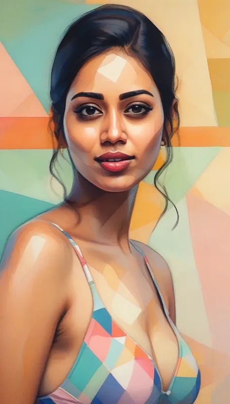 NivethaPethuraj, portrait, behance,close up of a Evil fit Female, wearing a  bikini, beach, Illustration, Geometric Abstract Art, 80mm, Pastel Colors, art by Bill Traylor,  