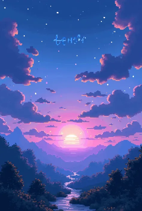 A blue-violet sunset, pixelated minecraft style with writing "Tenshi" in the cloudy sky