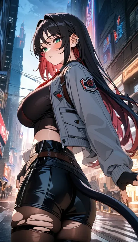 ((masterpiece, best quality)), very aesthetic, ultra detailed, intricate details, highly detailed, UHD, HDR, 8K, perfect face, 1girl, in city, back view, at night, big breasts, perfect body, (newest anime art style), torn, fingerless ear piercing, black ha...