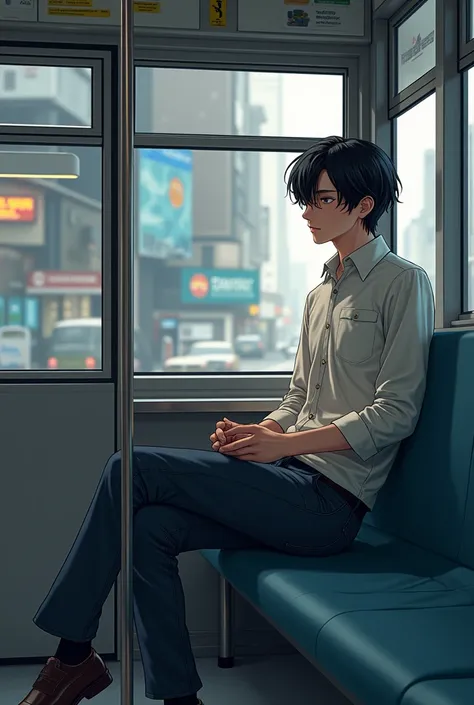 A stylish boy with black medium length hair traveling in bus