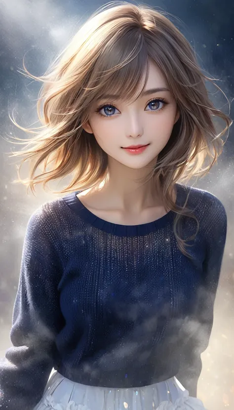 beautiful woman, striking eyes, glossy silky light brown hair, amorous and lewd expression, gentle smile, perfect proportions, wearing navy blue knit summer sweater and white ruffle skirt, mist effects, smear effects, iridescent dust sparkle effects, delic...