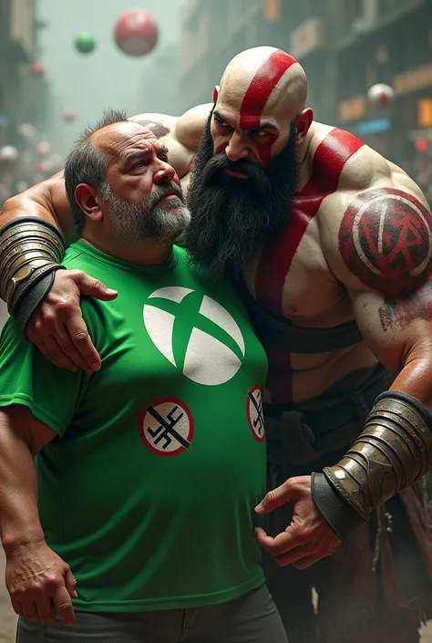 Kratos beating up a fat black man with. Green shirt with XBOX logo, Nazi swastikas and Playstation symbols all over the scene 