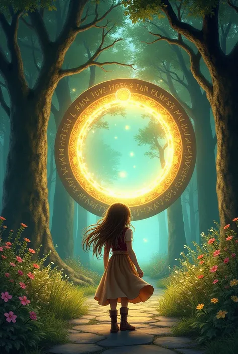 A magic portal appears between the trees，Shines brightly. The portal has ancient runes on its surface. In the background is a garden，There are colorful flowers and tree-lined trees. No primeiro plano，Look back at the portal, There was a girl with long brow...