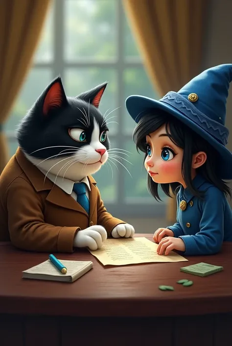 

"The plump black-and-white cat is signing a contract at a meeting, dressed in a brown suit and trousers. Across from him is a charming sorcerer  cute  with blue eyes and black hair, wearing a blue dress and a blue sorcerers hat."