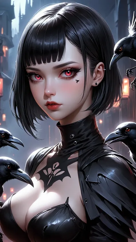 Perfect face, cosmetic:1.5, There is light on the face, Facial details, naked, short hair,, rossdraws 2. 0, rossdraws 1. 0, Ultra Gothic, rossdraws cartoon vitality, rossdraws 2. 5, Neo-Gothic, Crows in the background，gothic horror vibes, goth girl, Gothic...