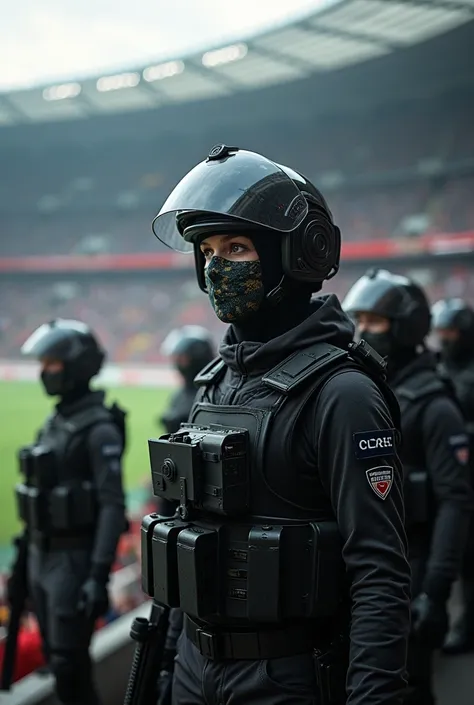 Women anti terrorist officers with full riot gear and camouflage face paint are standing and watching a riot in front of the stands in the stadium