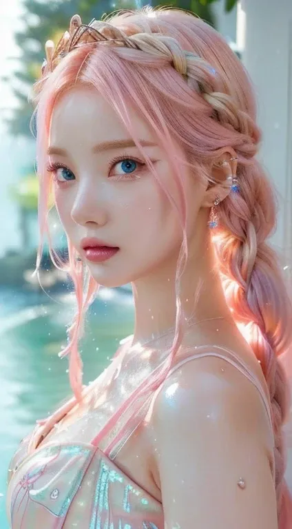 a close up of a woman with pink hair and a pink dress and blue like eyes, close-up fantasy with water magic., dripping wet hair,...